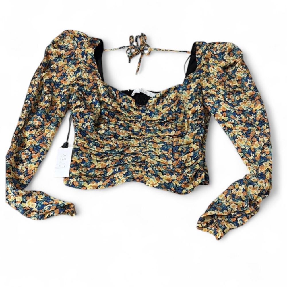 NWT ASTR Floral Ruched Sleeves Cropped Tie Back Blouse Size S